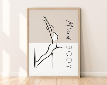 Arte mural de posturas de Pilates para mente y cuerpo, póster imprimible de Pilates, ilustración de arte lineal beige, decoración de estudio de mindfulness, regalo de ejercicio de barril de escalera