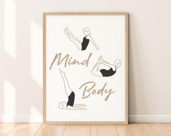 Mind Body Pilates druckbares Poster, Pilates-Übungen Illustration, modernes Pilates Studio Wand-Dekor, Achtsamkeit schwarz weiß beige Kunstdruck