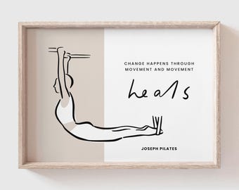 Póster de la postura del Cadillac en Pilates, cita inspiradora de Joseph Pilates imprimible, decoración de pared de estudio, ilustración artística de ejercicios en mesa de trapecio