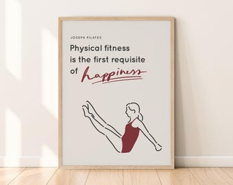 Plakat do druku Pilates Line Drawing, Minimalna poza Pilates, Uroczy wystrój studia, Typografia szczęścia, Czysty cytat Josepha Pilatesa na ścianę