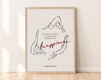 Arte de pared imprimible con posturas de Pilates "Feliz", decoración de estudio de Pilates, ilustración moderna de arte lineal dibujada a mano, póster con cita de Joseph Pilates