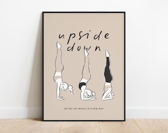 Ilustración de yoga de parada de manos, arte imprimible, póster con cita positiva sobre la vida, ejercicio de postura de yoga dibujado a mano, decoración moderna de estudio de pared