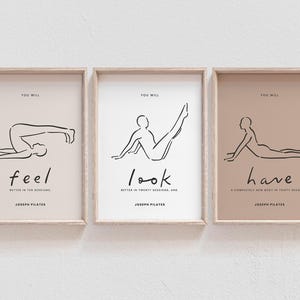 3er-Set Pilates Zitat druckbares Poster, motivierende moderne Mattenübungen Illustration, zartbeiges Studio Kunstwerk, Lehrer Wandkunst