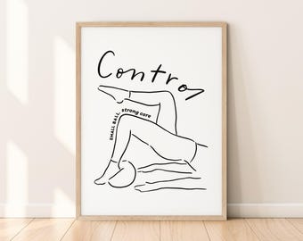 Póster con frase inspiradora de Pilates con pelota, decoración minimalista de estudio de Pilates, ejercicio de Pilates con arte lineal en tapete, ilustración limpia en blanco y negro.