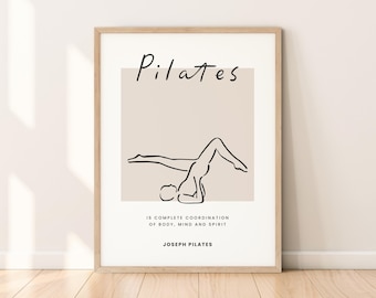 Póster imprimible con frase "Clean Pilates Principle", ilustración original de ejercicios de pilates, decoración de estudio neutra, regalo para instructor de pilates.