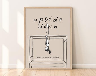 Ilustración imprimible del ejercicio de inversión Cadillac de Pilates, decoración de pared con cita positiva sobre la vida, póster de Pilates moderno con arte lineal en blanco, negro y beige.