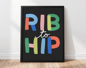 Colorful Fun Pilates Poster, Quirky Bold Typography Printable Art, Contemporary Wall Decor, Trendy Quote Art Print, Rib to Hip Connection