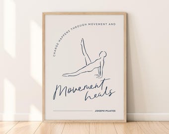 Arte de pared imprimible con posturas de Pilates de movimiento de líneas limpias, póster con cita minimalista, decoración para estudio de Pilates de bienestar, ilustración moderna dibujada a mano