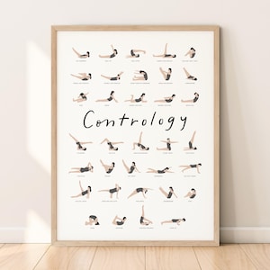 34 ejercicios clásicos de pilates con tapete para imprimir en la pared, decoración de estudio de pilates, ilustración de gráfico dibujado a mano, póster de pilates original y limpio