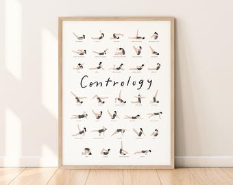 34 ejercicios clásicos de Pilates Mat para imprimir en la pared, decoración de estudio de Pilates, ilustración de gráfico dibujado a mano, póster de Pilates sencillo y original