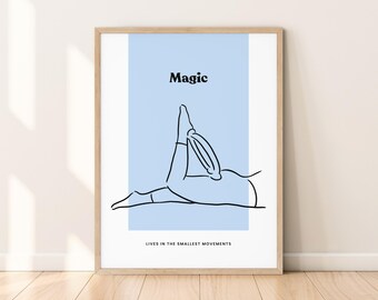 Modern Pilates Magic Circle Ring Exercise Printable Poster, Inspirational Quote Wall Decor, Modern Black White Blue Line Art Illustration