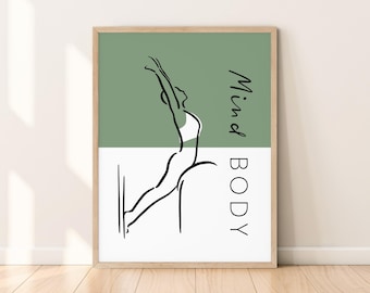 Arte mural con postura de Pilates del cisne, ilustración de Pilates imprimible en verde salvia, póster de mente y cuerpo para decoración de estudio, regalo de ejercicio con escalera y barril.