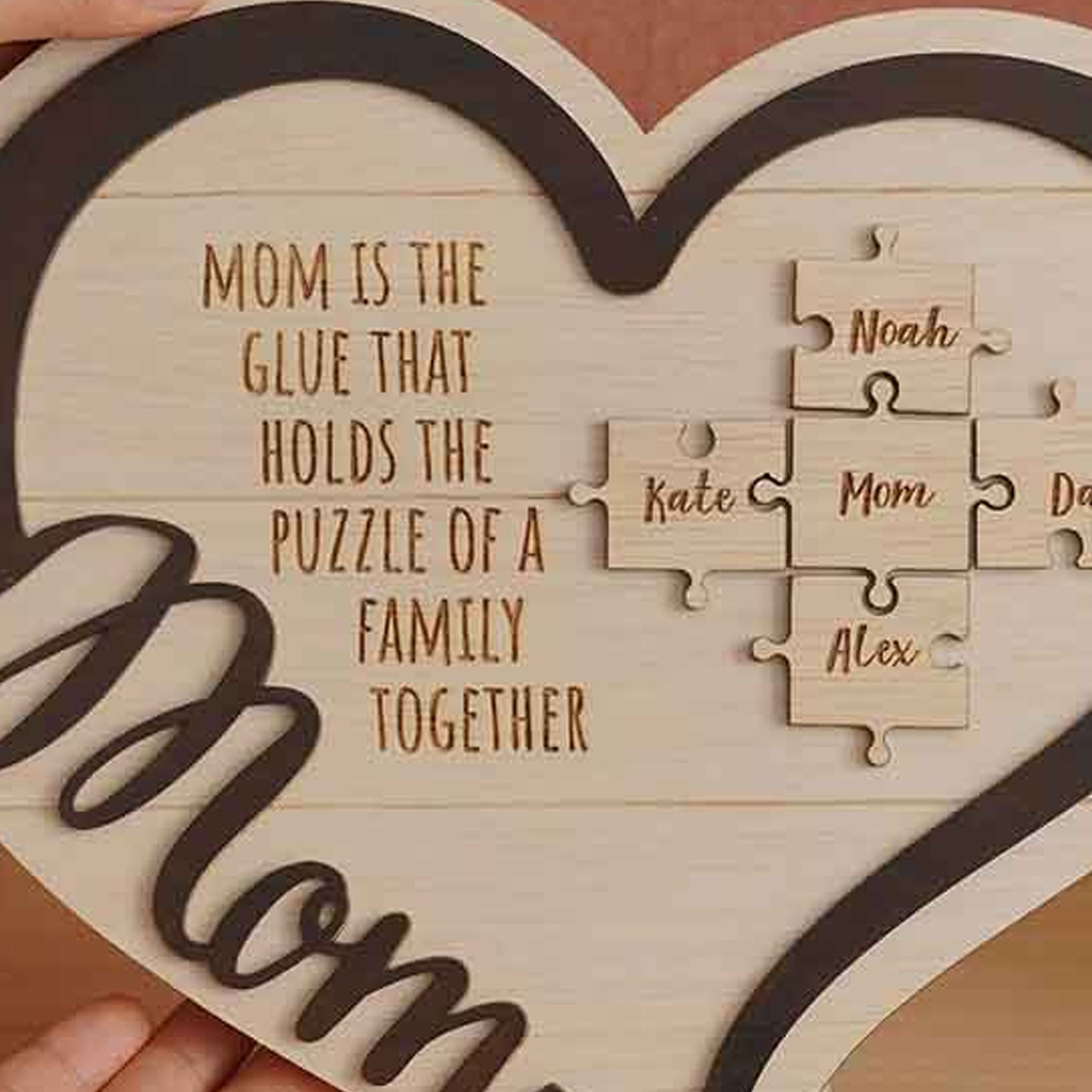 Custom Mother's Day Engraved Heart Puzzle Sign, Wooden Heart Puzzle ...
