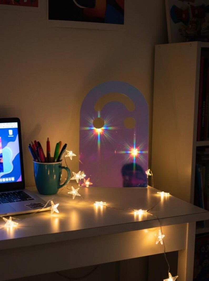 Holo (rainbow) smiley face acrylic mirror, 17.5" tall, standing on a white desk at night. It reflects glowing star fairy lights draped across the desk, casting colorful light flares. Next to it is an open laptop with vibrant wallpaper and a mug of pens. This aesthetic mirror creates a mystical ambiance for a bedroom or dorm.