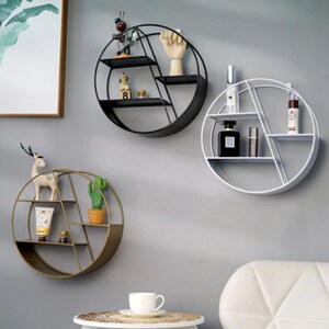 eom Living Room Wall Rack Iron Solid Wood partitions Round Wall Hanging Home Decoration Shelf Storage Rack