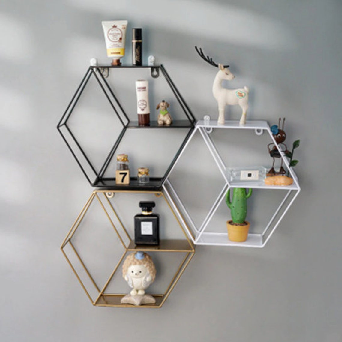 Wall Mounted Hexagonal Iron Shelf Living Etsy