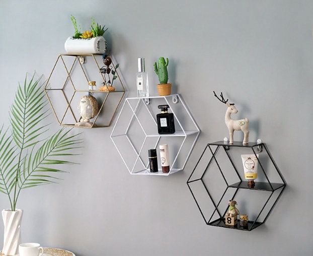 Wall Mounted Hexagonal Iron Shelf Living Etsy