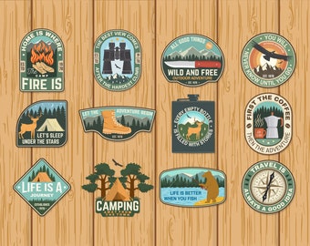 12 Camping outdoor adventure sticker pack for laptop, hiking bag, water bottle, Luggage, Travel waterproof.