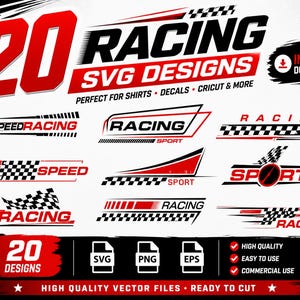 May include: A digital design set featuring 20 racing-themed SVG designs. The designs include speed lines, checkered flags, and the words "Racing" and "Speed" in various styles. The image also includes the text "Instant Download".