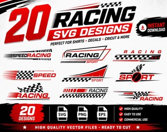 Peut inclure: Un ensemble de designs numériques avec 20 modèles SVG sur le thème de la course automobile. Les designs incluent des lignes de vitesse, des drapeaux à damier et les mots "Racing" et "Speed". Le texte "Téléchargement instantané" est également présent.