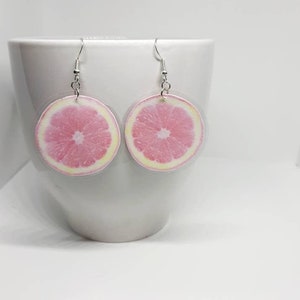 Pink Lemon Earrings, Novelty Earrings, Laminated Earrings, Paper Earrings, Circle Earrings, Grapefruit Earrings, Fruit Earrings, Fun earring