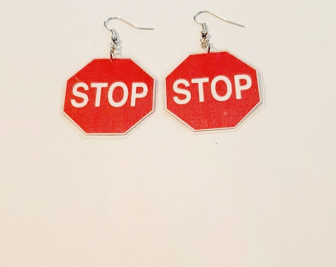 Stop Sign Earrings, Novelty Earrings, Paper Earrings, Laminated