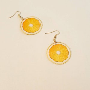 Slice of orange earrings, Novelty earrings, 80's earrings, retro, laminated, paper jewelry, gold dangles, 90's Earrings, Food Earrings,