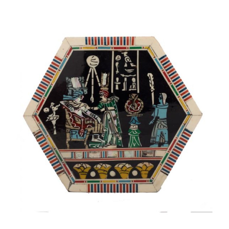 depicting King Tut and Wife Pharaonic Ancient Egypt wooden hexagonal box handcrafted with natural precious materials