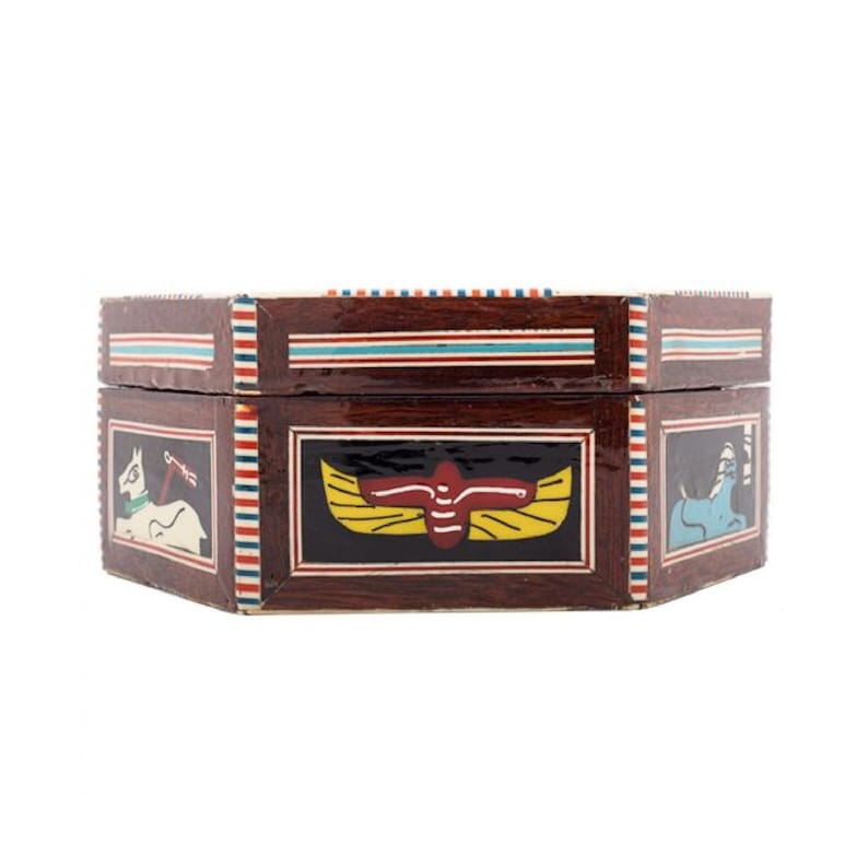 depicting King Tut and Wife Pharaonic Ancient Egypt wooden hexagonal box handcrafted with natural precious materials