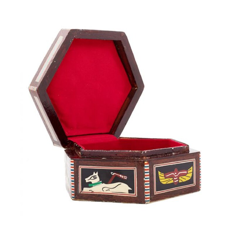 depicting King Tut and Wife Pharaonic Ancient Egypt wooden hexagonal box handcrafted with natural precious materials