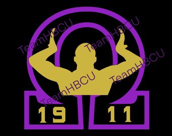 Pode incluir: Silhueta roxa e dourada de uma pessoa com os braços levantados no ar, dentro de um símbolo ômega roxo. O texto "Team HBCU" é repetido ao redor do símbolo. Os números "19" e "11" estão abaixo do símbolo.
