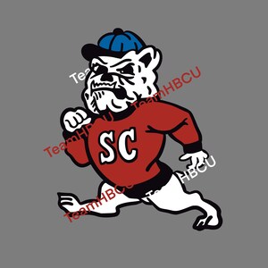 May include: A white bulldog mascot wearing a red jersey with the letters "SC" in white, a blue baseball cap, and white shorts. The mascot is running and has a determined expression on its face.