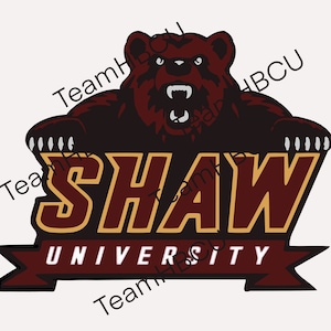 May include: A maroon and gold logo for Shaw University, featuring a bear with a fierce expression and the words "SHAW UNIVERSITY" in a banner below.