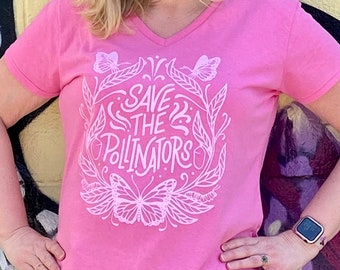 Pink Butterfly Shirt, V-Neck Butterfly Shirt, Monarch Butterfly T-Shirt, Save The Pollinators Top, Wildflower Tee, For Women, Nature Lovers