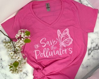 V-Neck Butterfly Shirt For Women, Save The Pollinators, Monarch Butterfly T-Shirt, Pink Butterfly Tee, Bee Top, For Nature Lover