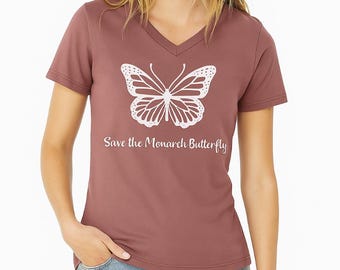 Monarch Butterfly Rose V-Neck T-Shirt: Nature Lover Gift