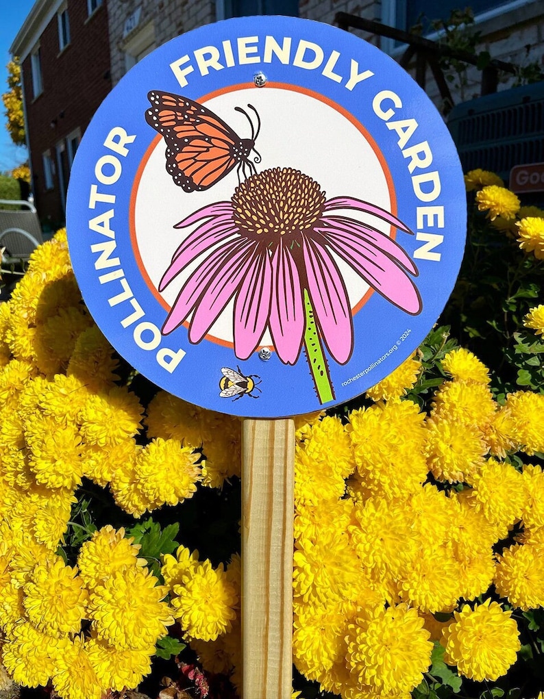 Peut inclure: Un panneau bleu et orange avec le texte "Friendly Garden Pollinator" et un papillon monarque et une abeille sur une fleur rose. Le panneau est fix&eacute; &agrave; un piquet en bois et est entour&eacute; de fleurs jaunes.