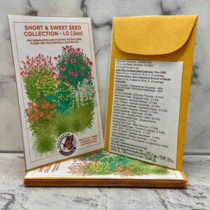 Short & Sweet Seed Collection native flower seed packets are shown in two sizes. Custom illustration shows orange, pink, purple and yellow flowers, next to the Rochester Pollinators logo.