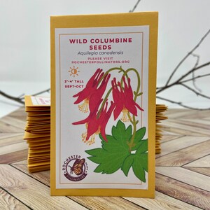 Puede incluir: Un paquete de semillas amarillo con una ilustraci&oacute;n roja y verde de flores de aquilegia silvestre. El paquete dice "Wild Columbine Seeds" y "Aquilegia canadensis". Tambi&eacute;n dice "Please visit Rochesterpollinators.org" y "2'-4' Tall Sept-Oct".