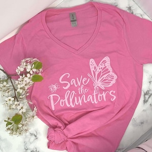 Pink Butterfly V-Neck Shirt: Save The Pollinators Tee