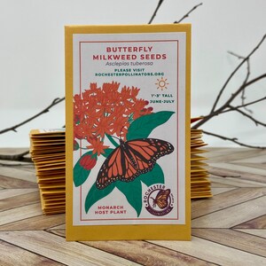 Puede incluir: Un paquete amarillo de semillas de Asclepia para mariposas para plantar. El paquete presenta una mariposa monarca en una planta de asclepia con flores naranjas. El texto en el paquete dice "Semillas de Asclepia para mariposas Asclepias tuberosa Visite RochesterPollinators.org 1'-3' de alto Junio-Julio Planta hu&eacute;sped de la monarca".