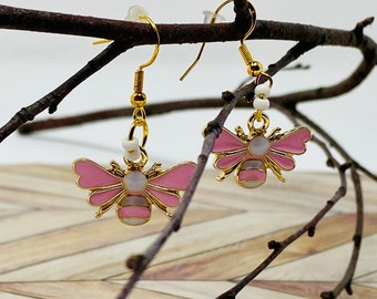 Enameled Bee Dangle Earrings: Gold Honeycomb, Pink Bee Jewelry
