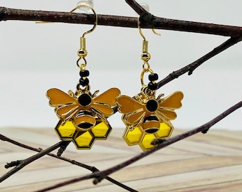 Whimsical Bee And Honeycomb Earrings, Nature Lover's Jewelry, Gifts Under 15, For Women, Gardener Gift Idea