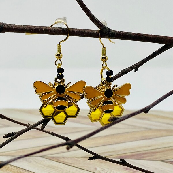 Whimsical Bee And Honeycomb Earrings, Nature Lover's Jewelry, Gifts Under 15, For Women, Gardener Gift Idea