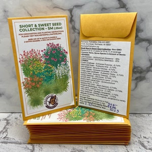 Short & Sweet Seed Collection native flower seed packets are shown in two sizes. Custom illustration shows orange, pink, purple and yellow flowers, next to the Rochester Pollinators logo.
