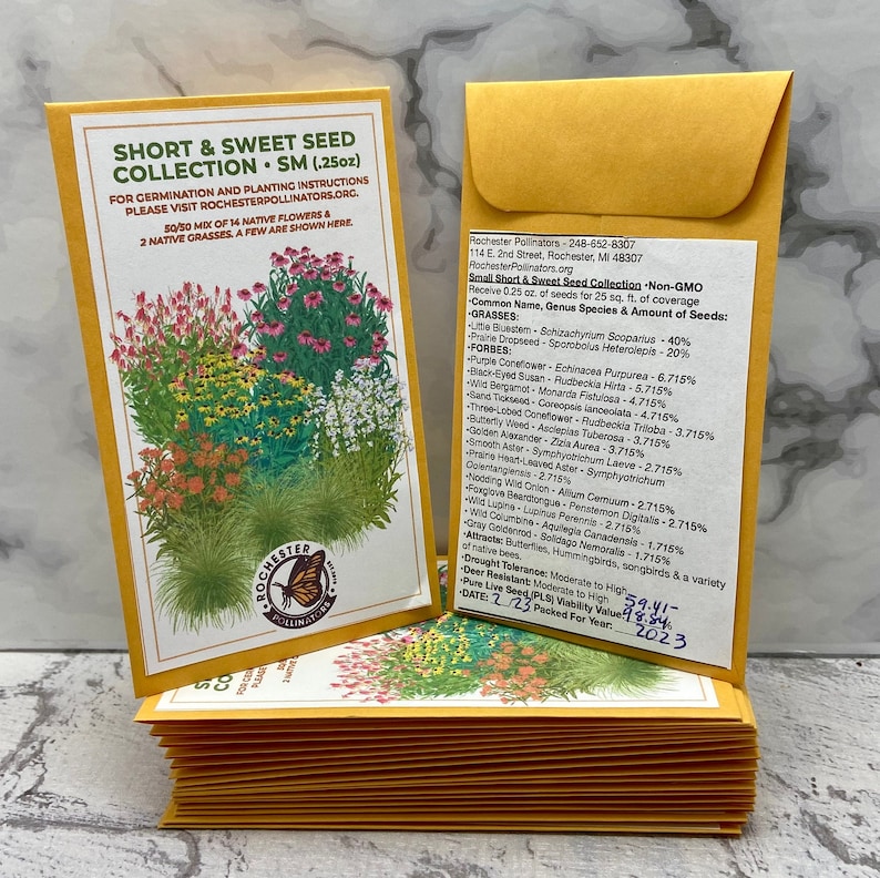 Short & Sweet Seed Collection native flower seed packets are shown in two sizes. Custom illustration shows orange, pink, purple and yellow flowers, next to the Rochester Pollinators logo.