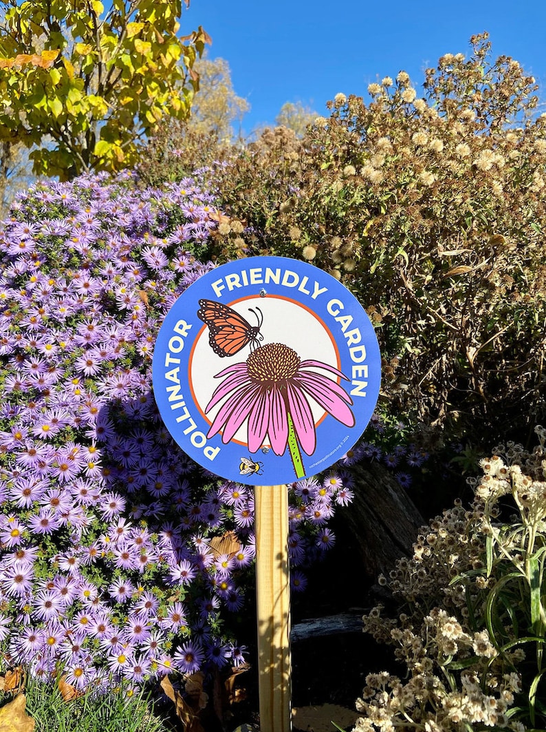 Peut inclure: Un panneau bleu et blanc avec le texte "Jardin amical des pollinisateurs" et une image d'un papillon sur une fleur rose. Le panneau est fix&eacute; &agrave; un poteau en bois et est entour&eacute; de fleurs violettes.