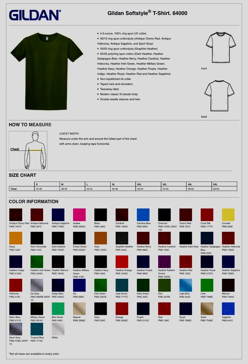 Pu&ograve; includere: Una cartella colori che mostra i diversi colori disponibili per una T-shirt Gildan Softstyle. La cartella include una variet&agrave; di colori, tra cui rosso, blu, verde e nero. La cartella include anche il codice colore Pantone per ogni colore. Il testo "Non tutte le taglie sono disponibili in ogni colore." &egrave; in fondo alla cartella.