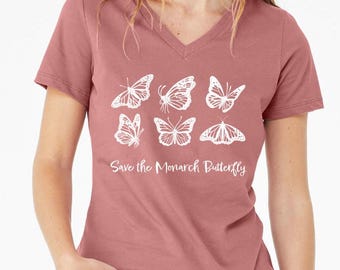 Monarch Butterfly Rose V-Neck T-Shirt: Pollinator Conservation Gift
