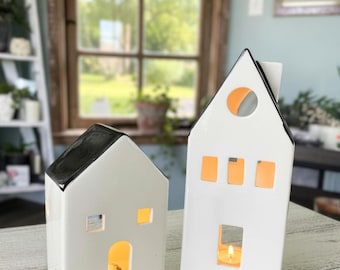 Set of 2 Black White Ceramic Houses: Lighted, Tea Light Accent Decor